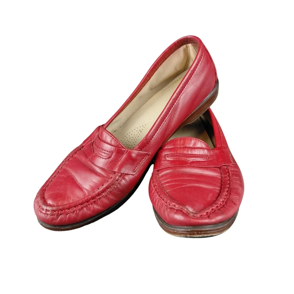 SAS Comfort Shoes Womens Red Leather Loafers Slip On‎ Shoes
